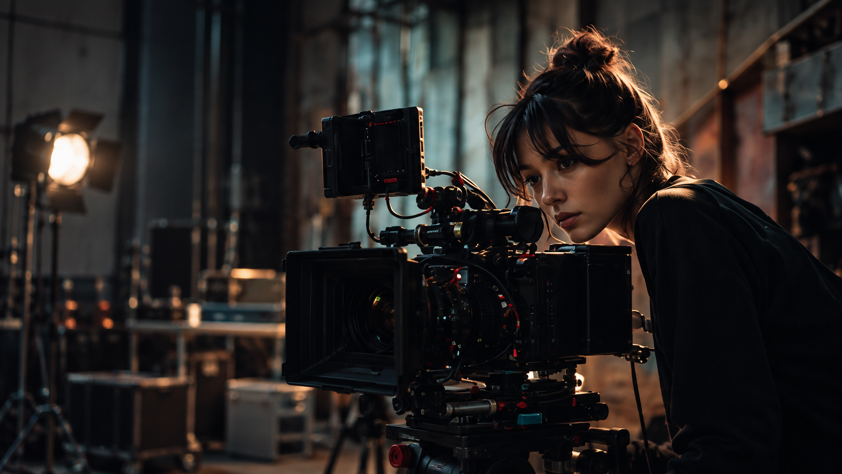 A filmmaker concentrating on her cinema camera on a production set