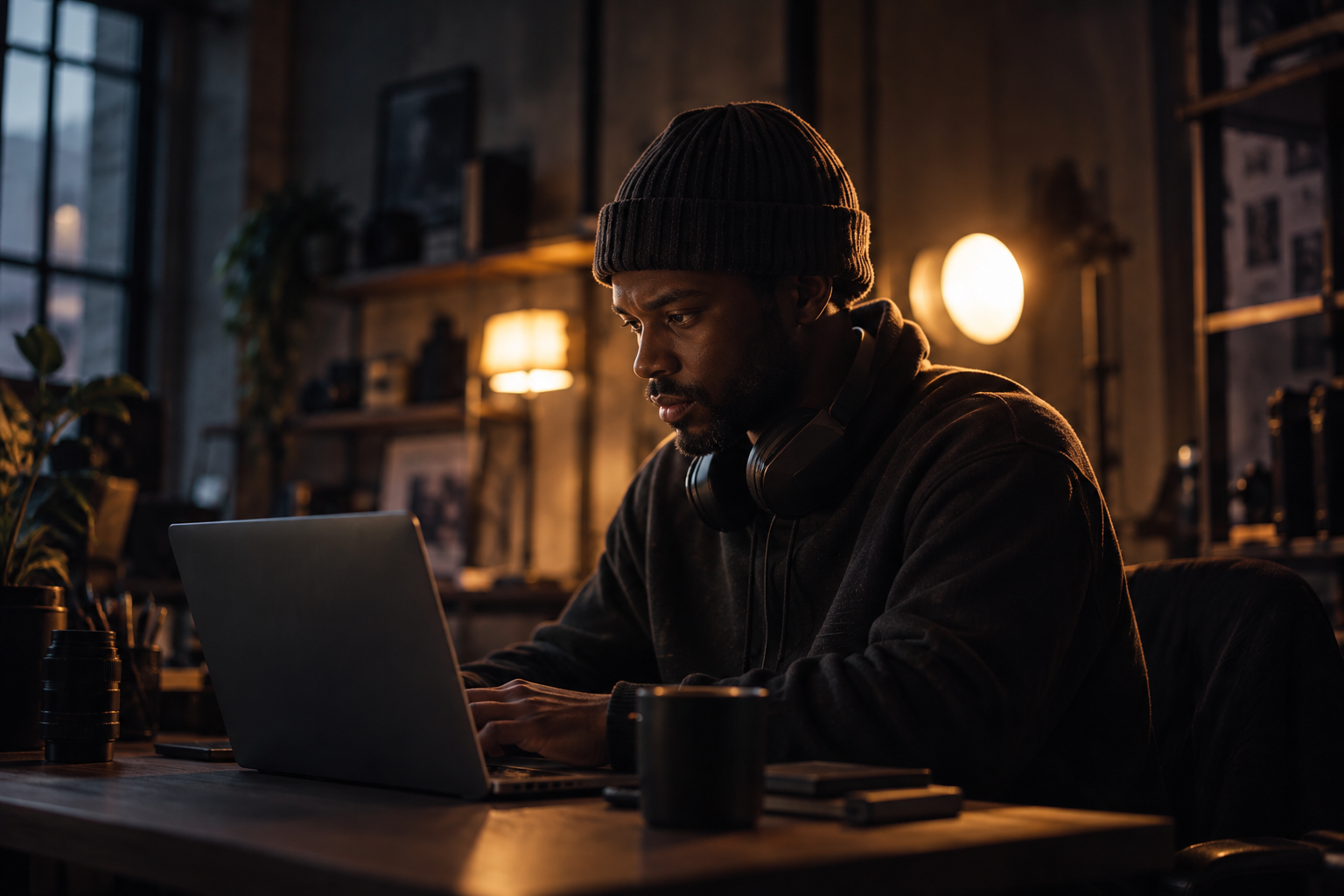 A creative professional in a dark beanie working at a laptop in a warmly lit studio