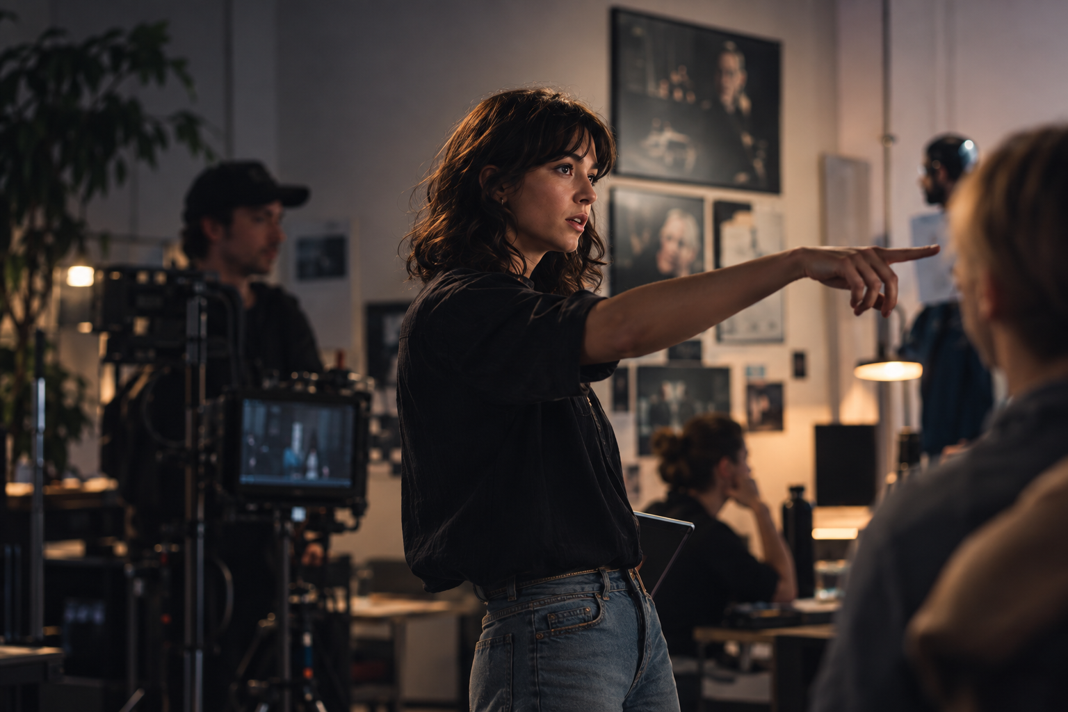 A creative director guiding her collaborators on a production set