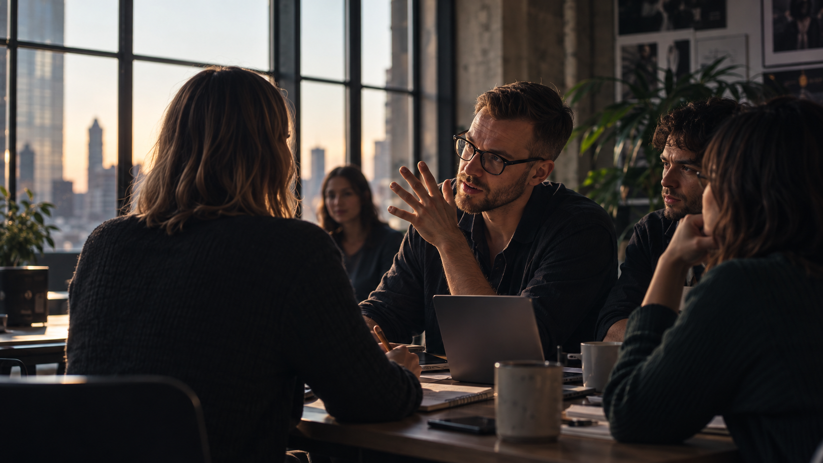 Creative professionals in conversation around a shared table