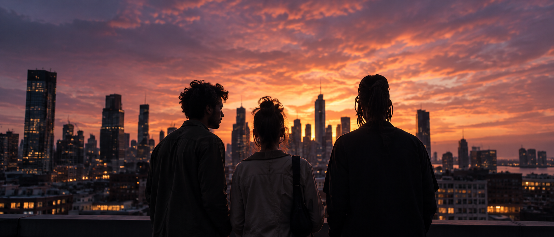 Three creative professionals looking towards a city skyline at sunset